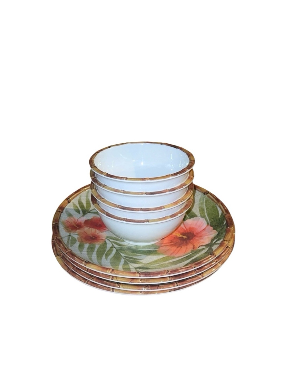 Melamine Tropical Hibiscus Palm Bamboo Design Dinner Plates & Bowls Set of 8